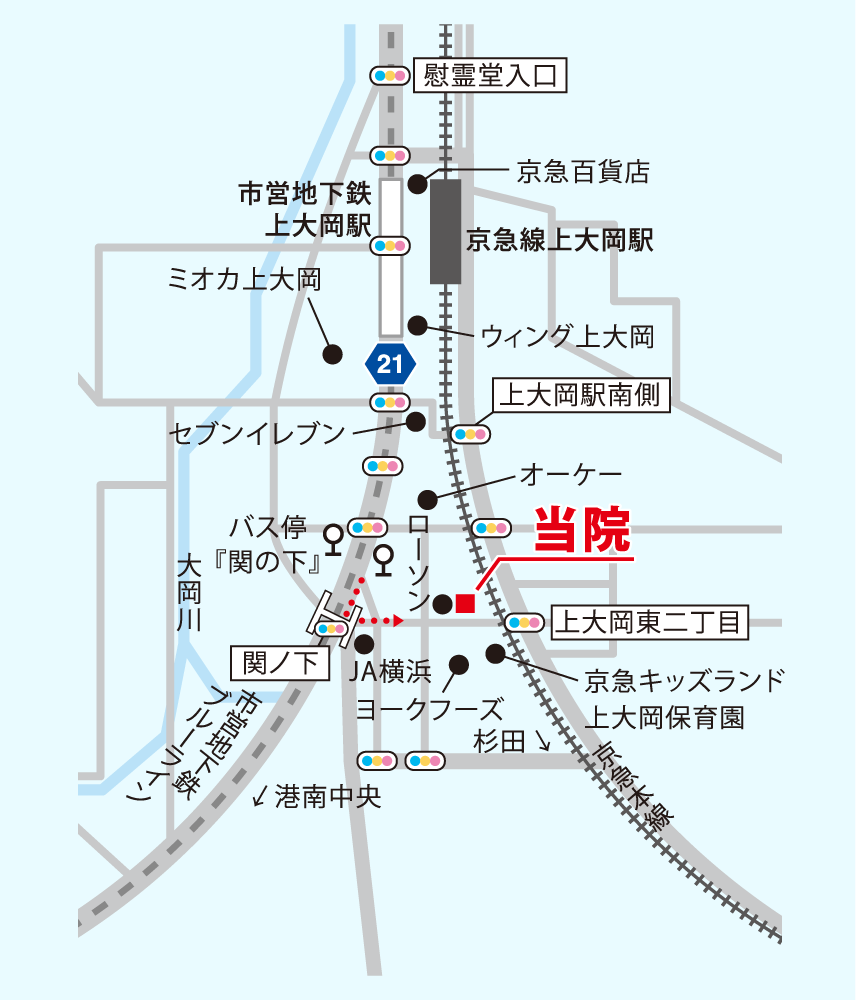アクセスマップのイラスト。上大岡駅から徒歩7分
